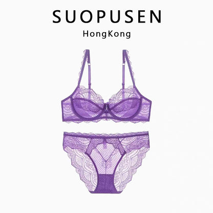 Wire-free, sheer lace lingerie set, available in 4 colors. 