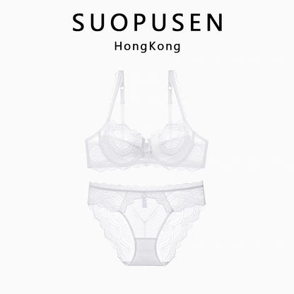 Wire-free, sheer lace lingerie set, available in 4 colors. 