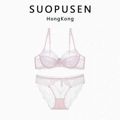 Wire-free, sheer lace lingerie set, available in 4 colors. 