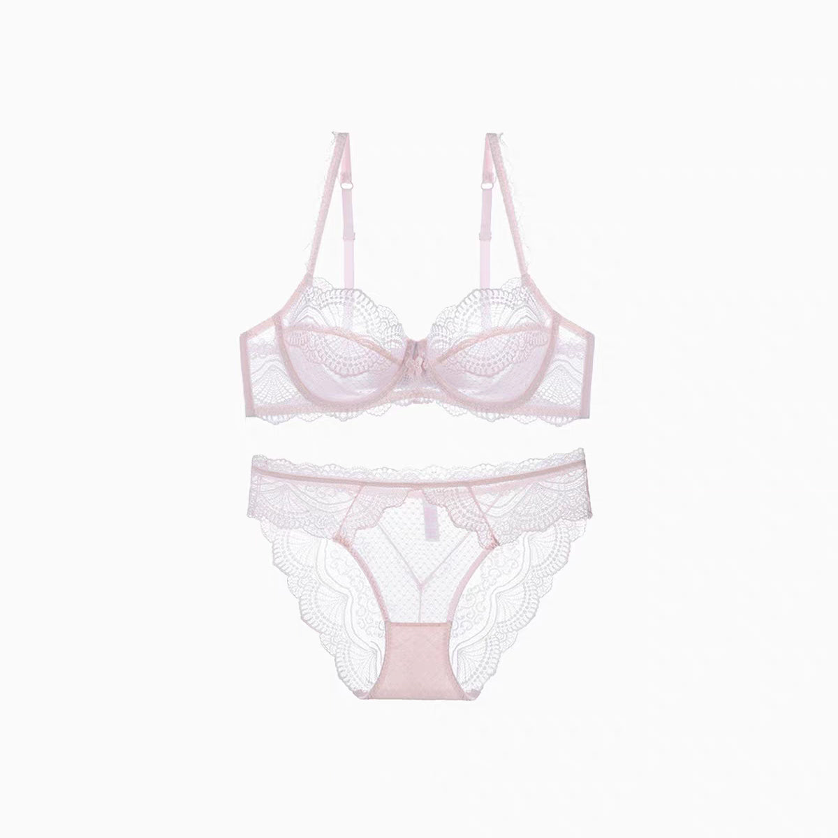 Wire-free, sheer lace lingerie set, available in 4 colors. 