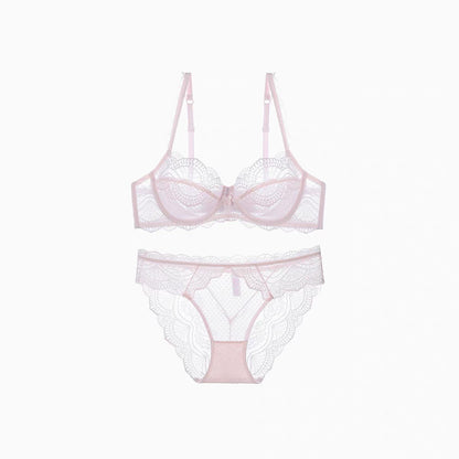 Wire-free, sheer lace lingerie set, available in 4 colors. 