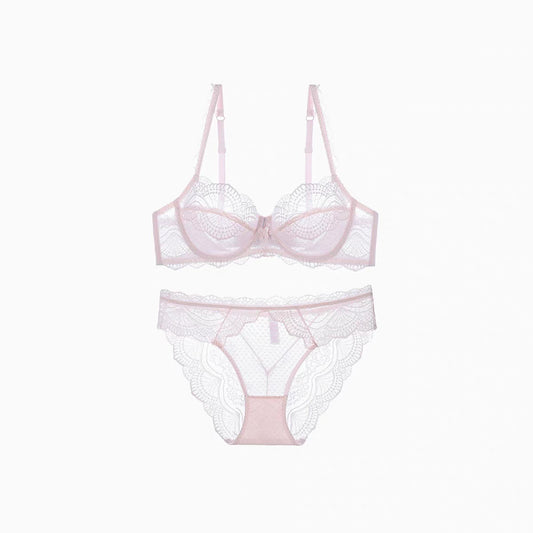 Wire-free, sheer lace lingerie set, available in 4 colors. 